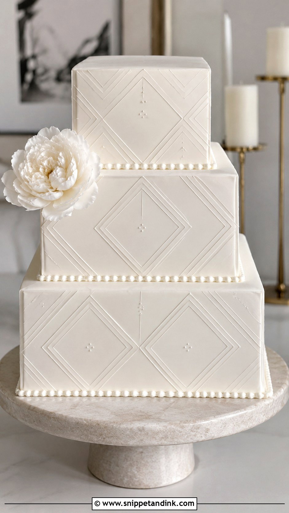 Square White Wedding Cake With Geometric Pattern - Snippet and Ink - 25 Square White Wedding Cake Ideas