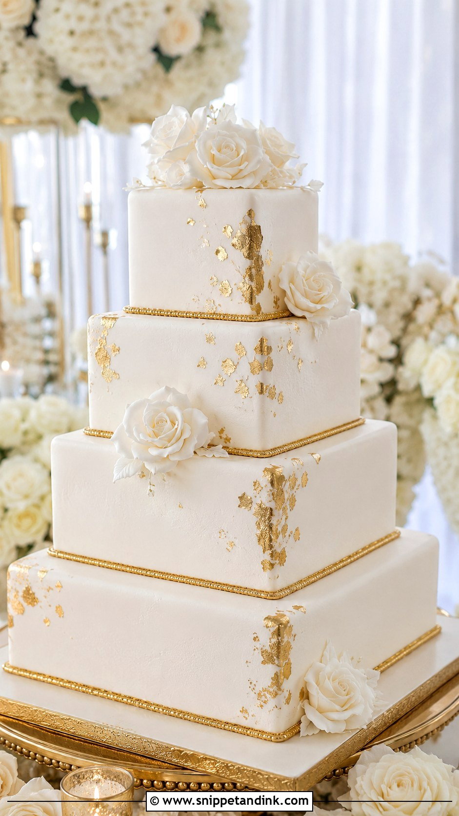 Square White Wedding Cake With Gold Accent - Snippet and Ink - 25 Square White Wedding Cake Ideas