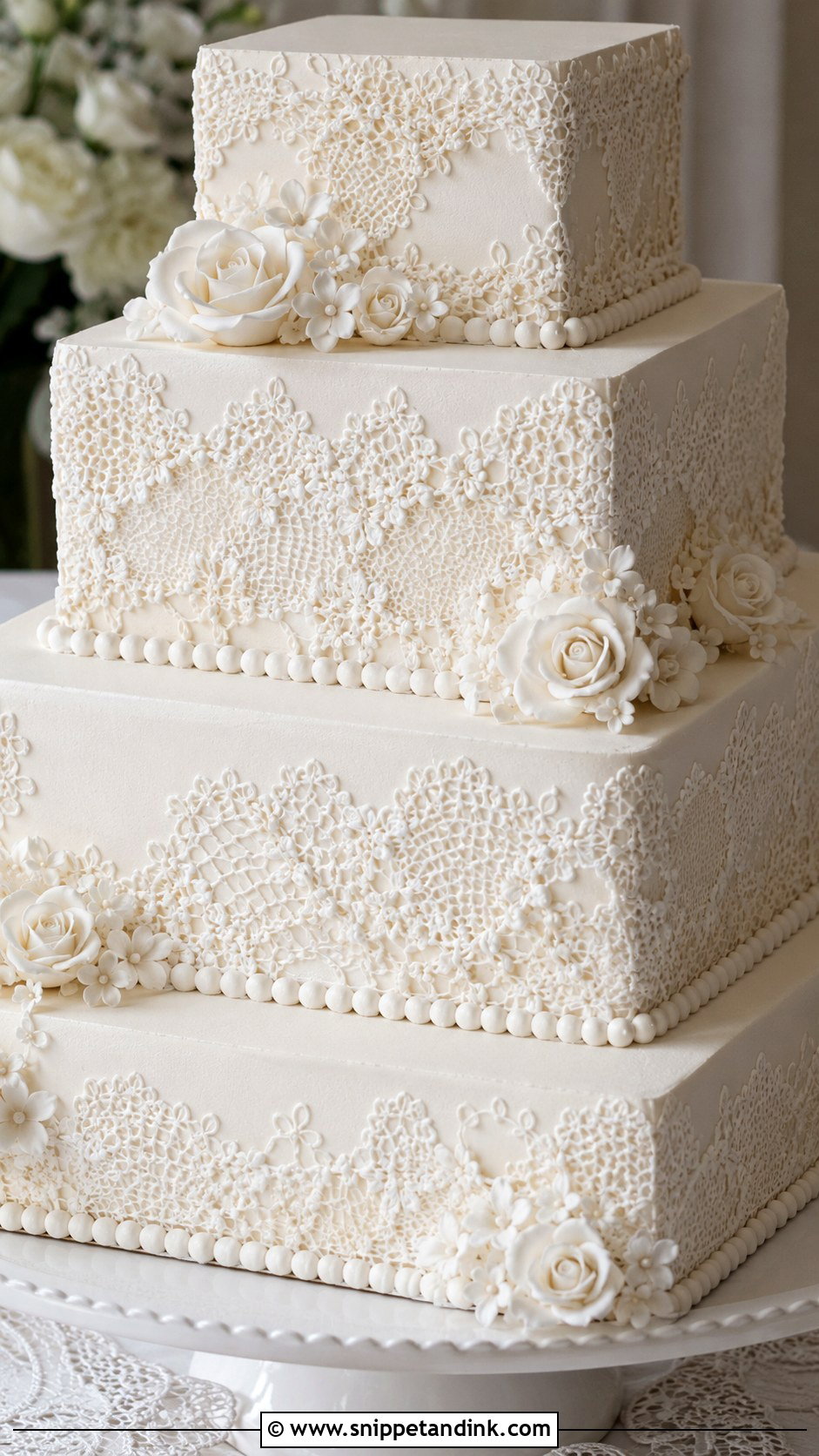 Square White Wedding Cake With Lace Piping - Snippet and Ink - 25 Square White Wedding Cake Ideas