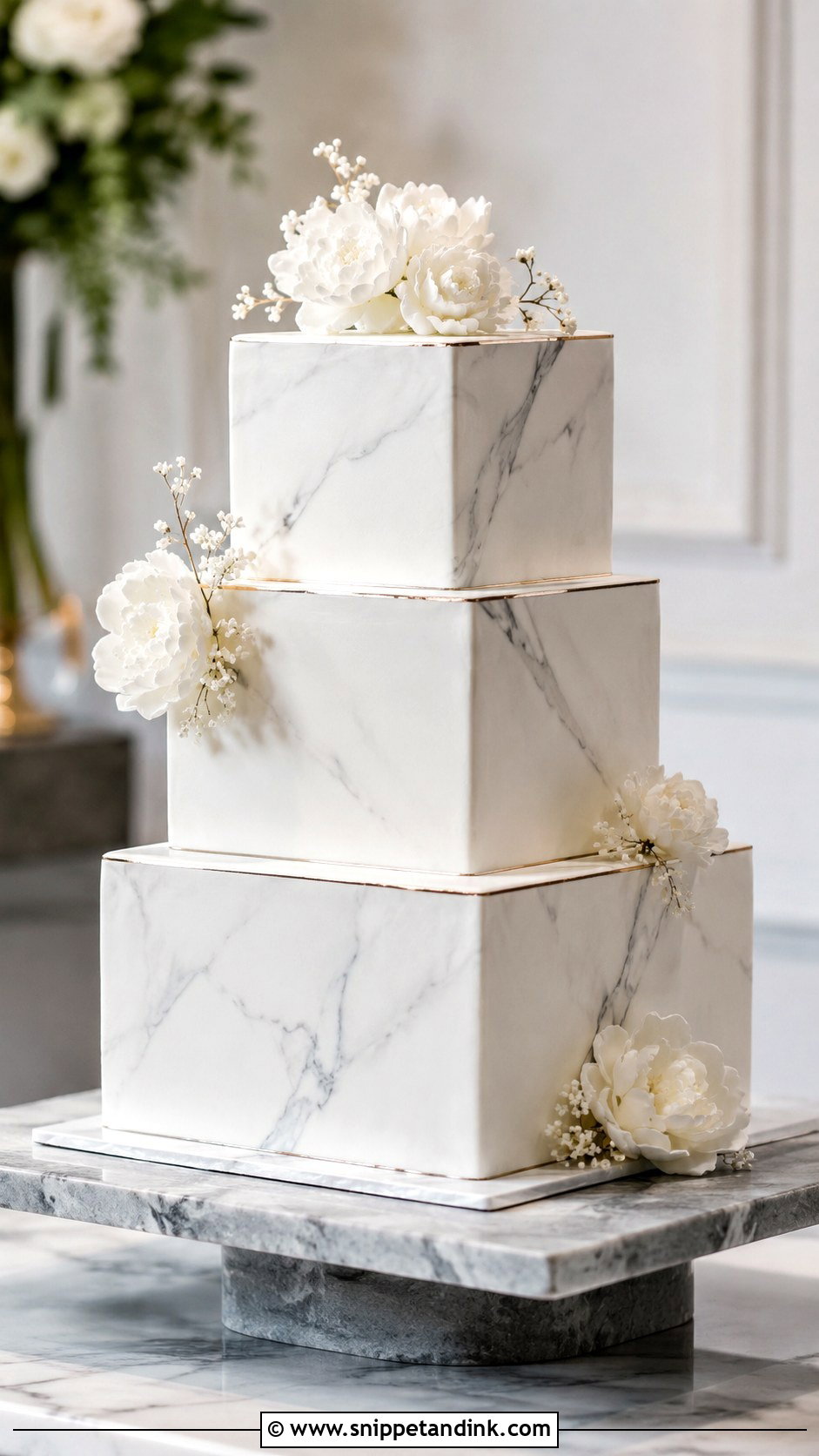 Square White Wedding Cake With Marble Effect - Snippet and Ink - 25 Square White Wedding Cake Ideas