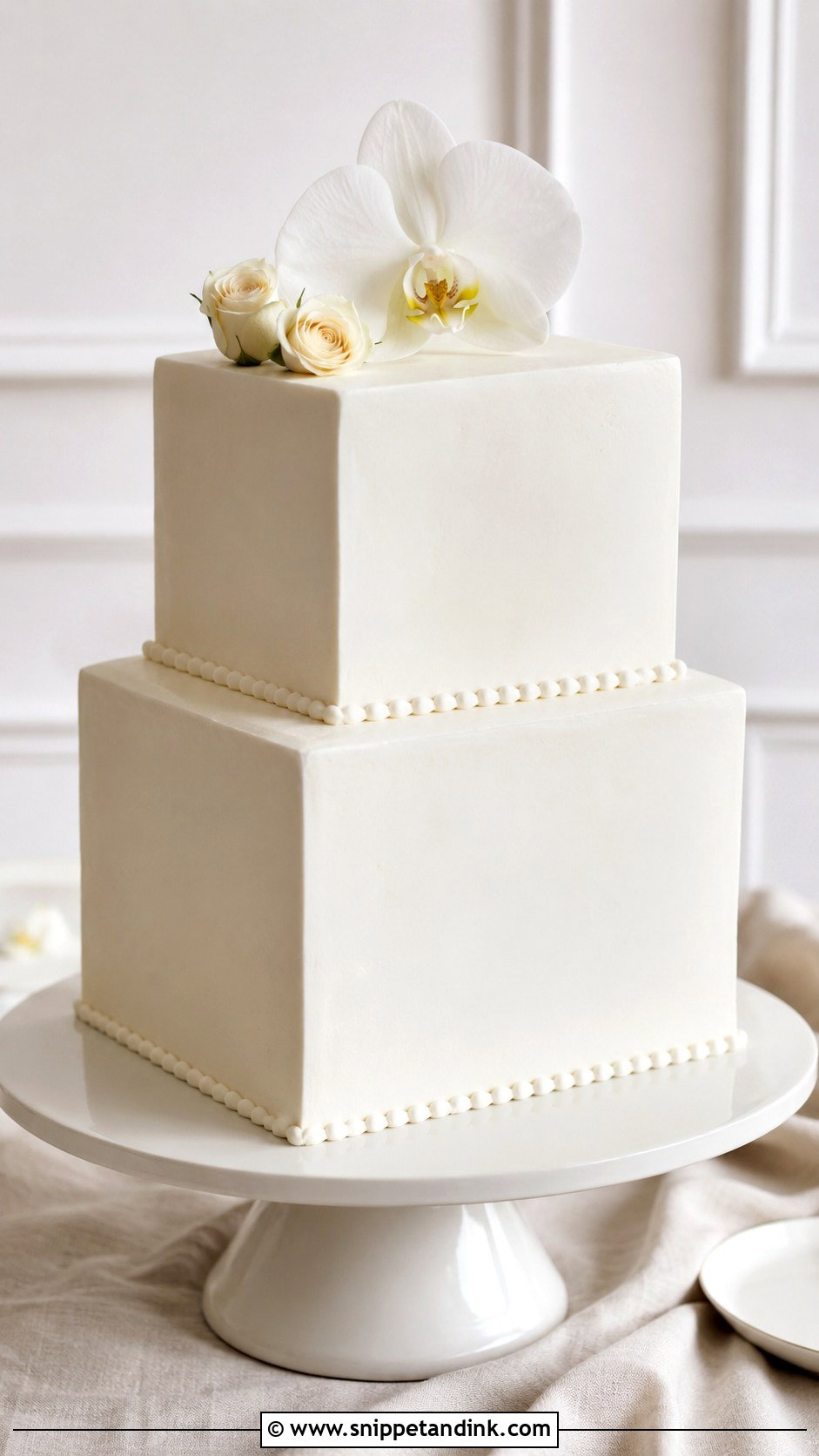 Square White Wedding Cake With Minimal Flowers - Snippet and Ink - 25 Square White Wedding Cake Ideas