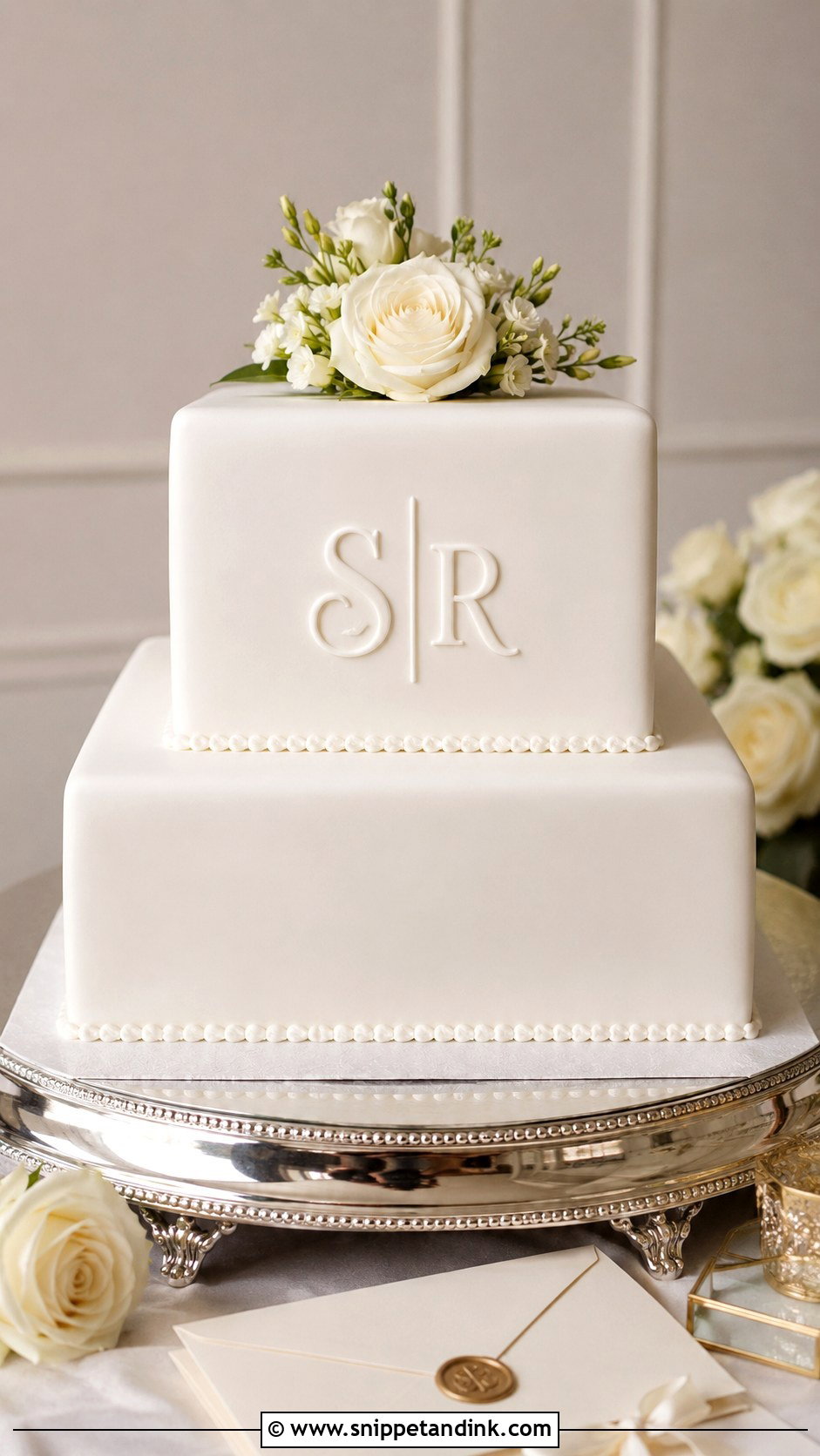 Square White Wedding Cake With Monogram - Snippet and Ink - 25 Square White Wedding Cake Ideas