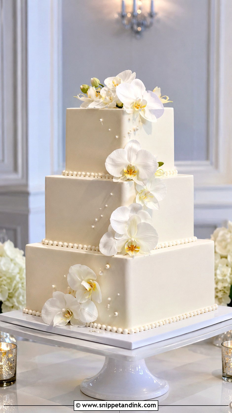 Square White Wedding Cake With Orchid Flowers - Snippet and Ink - 25 Square White Wedding Cake Ideas