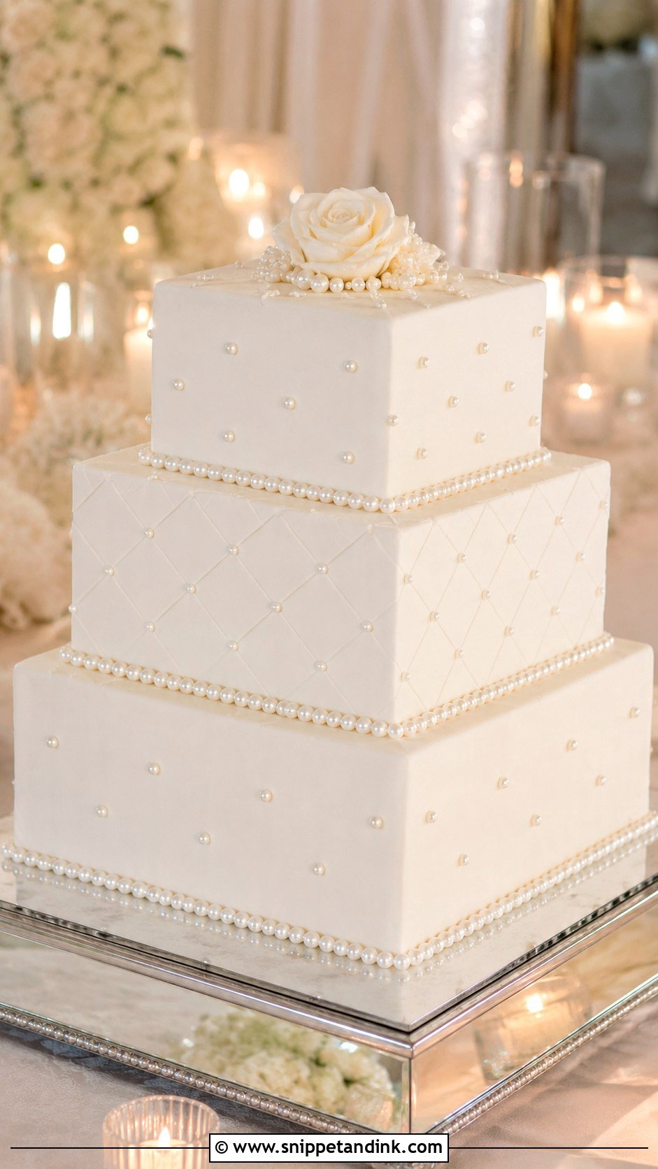 Square White Wedding Cake With Pearl Details - Snippet and Ink - 25 Square White Wedding Cake Ideas