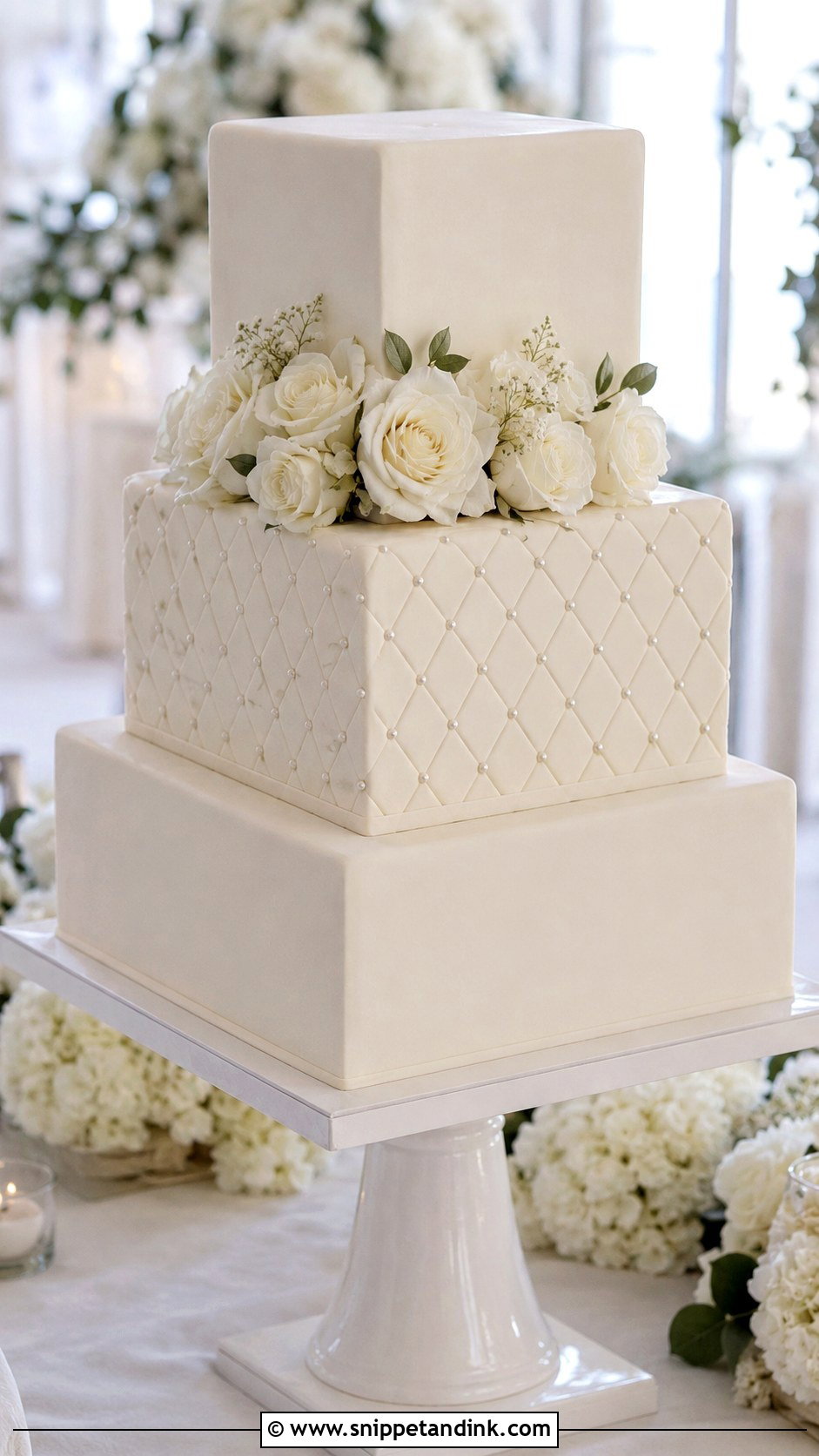 Square White Wedding Cake With Quilted Texture - Snippet and Ink - 25 Square White Wedding Cake Ideas