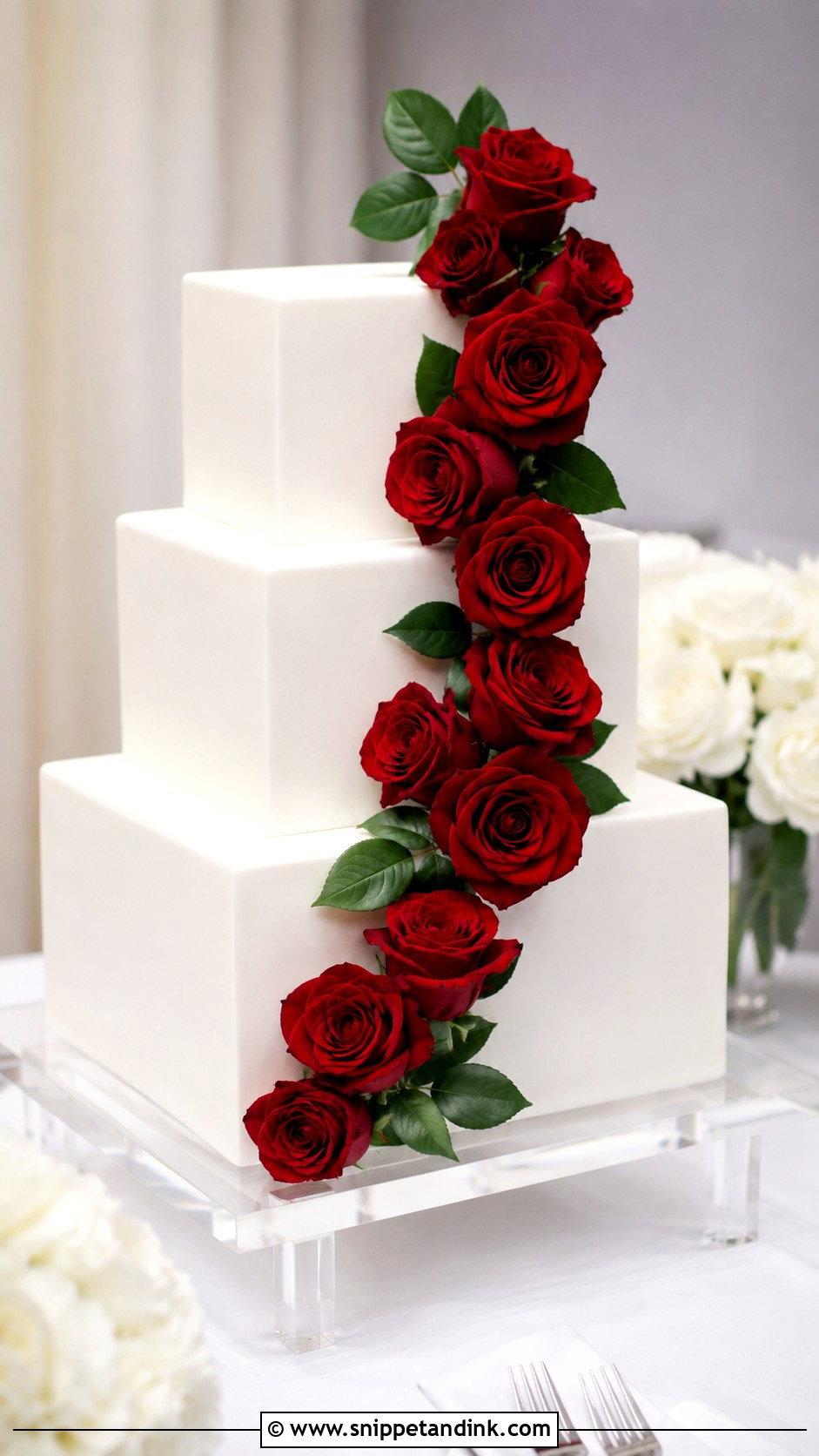 Square White Wedding Cake With Red Roses - Snippet and Ink - 30 White Wedding Cake Ideas with Red Roses