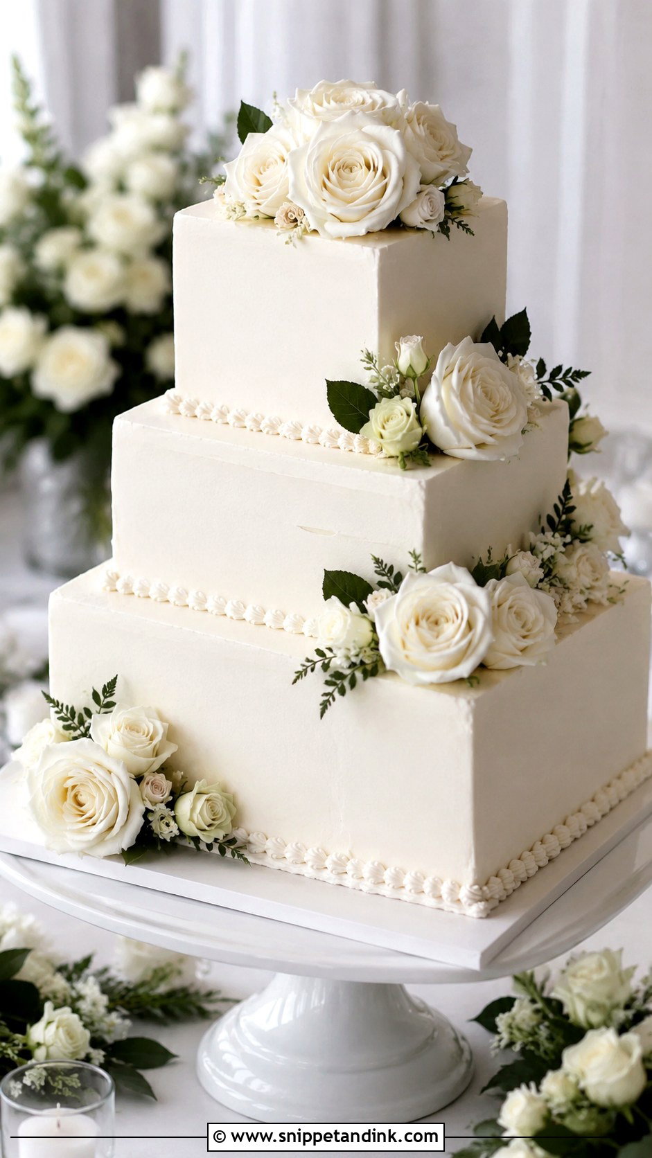 Square White Wedding Cake With Rose Flowers - Snippet and Ink - 25 Square White Wedding Cake Ideas