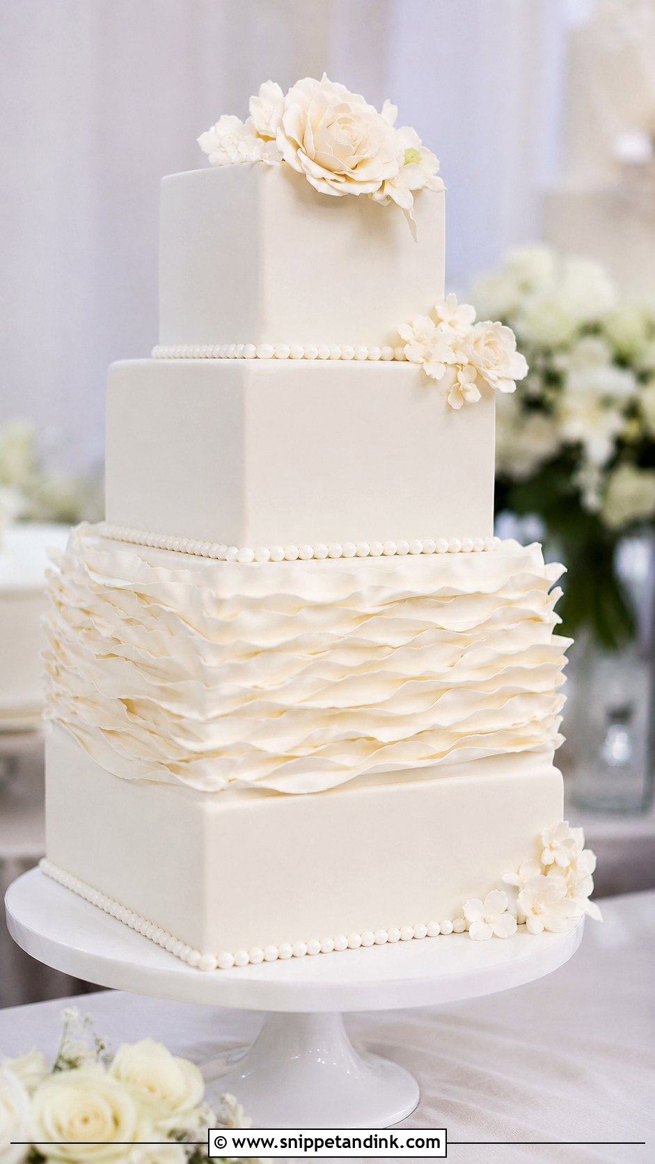 Square White Wedding Cake With Ruffle Tiers - Snippet and Ink - 25 Square White Wedding Cake Ideas