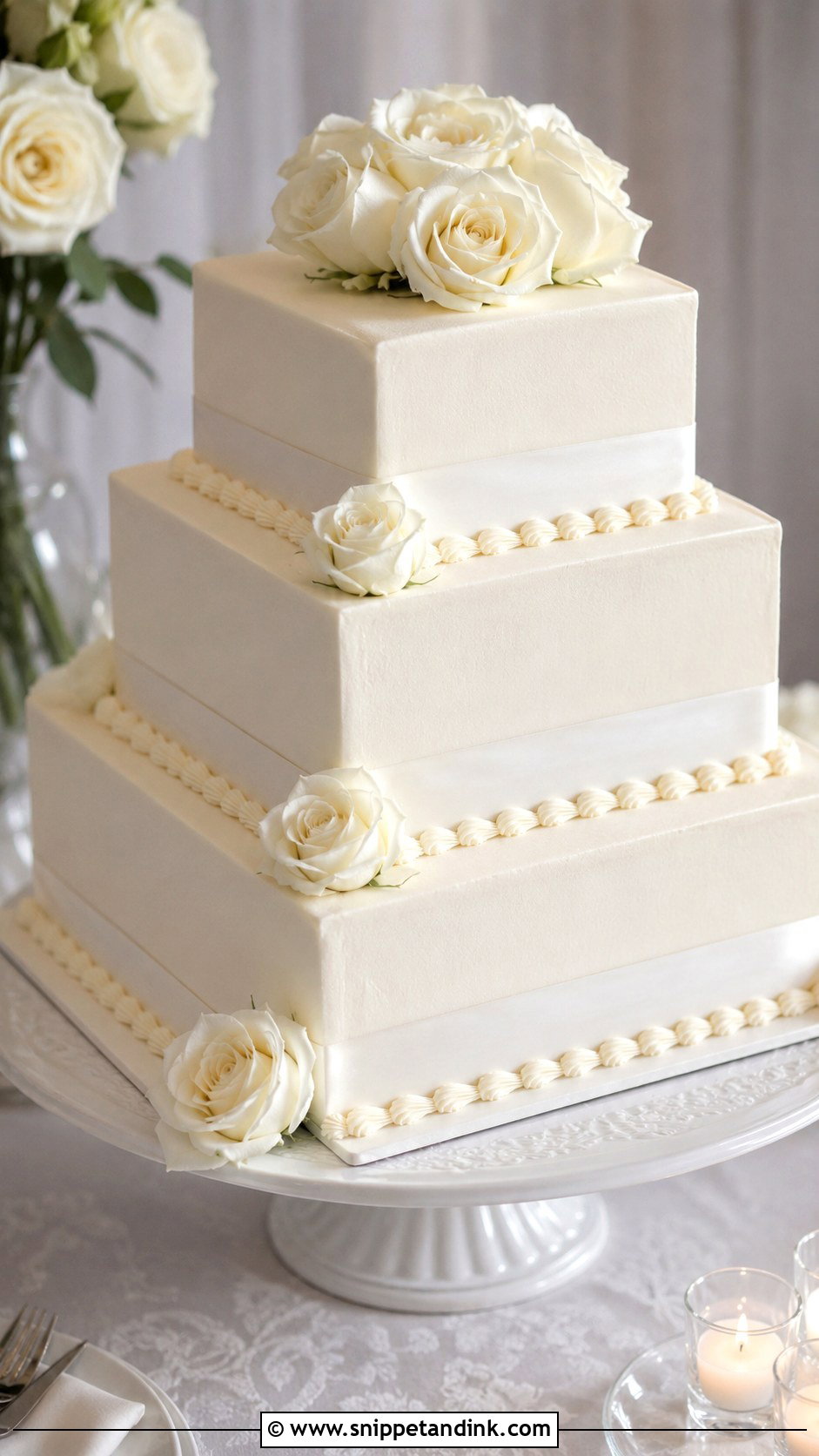 Square White Wedding Cake With Short Tiers - Snippet and Ink - 25 Square White Wedding Cake Ideas