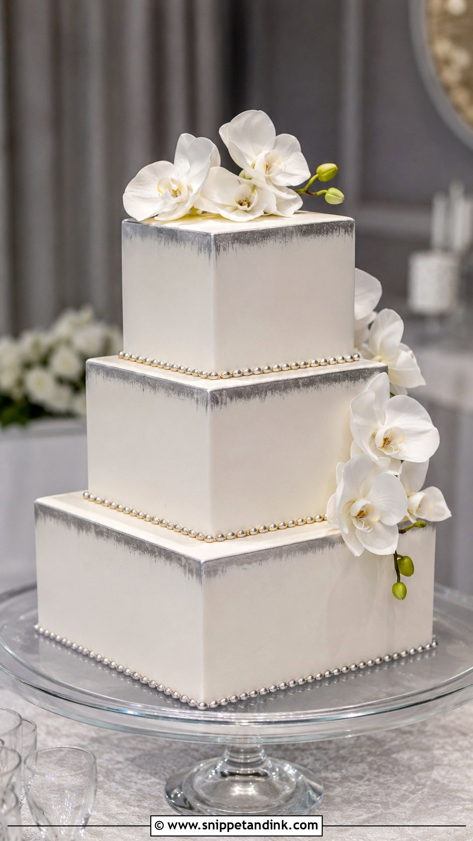 Square White Wedding Cake With Silver Accent - Snippet and Ink - 25 Square White Wedding Cake Ideas
