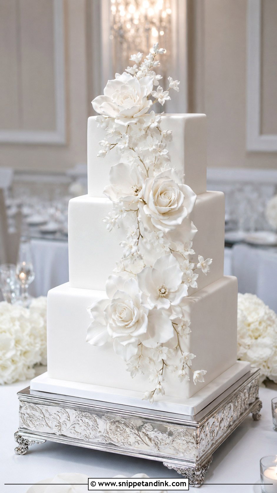 Square White Wedding Cake With Sugar Flowers - Snippet and Ink - 25 Square White Wedding Cake Ideas
