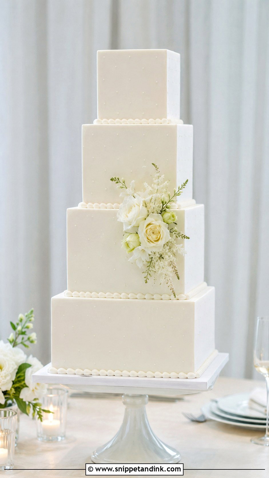 Square White Wedding Cake With Tall Tiers - Snippet and Ink - 25 Square White Wedding Cake Ideas