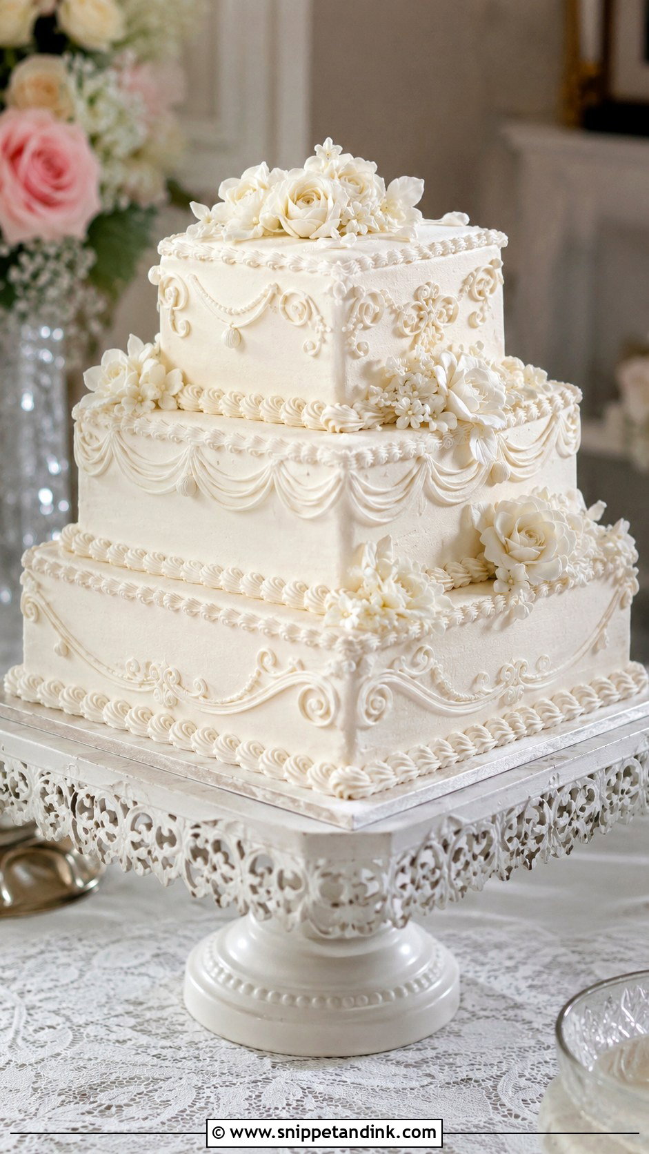 Square White Wedding Cake With Vintage Piping - Snippet and Ink - 25 Square White Wedding Cake Ideas
