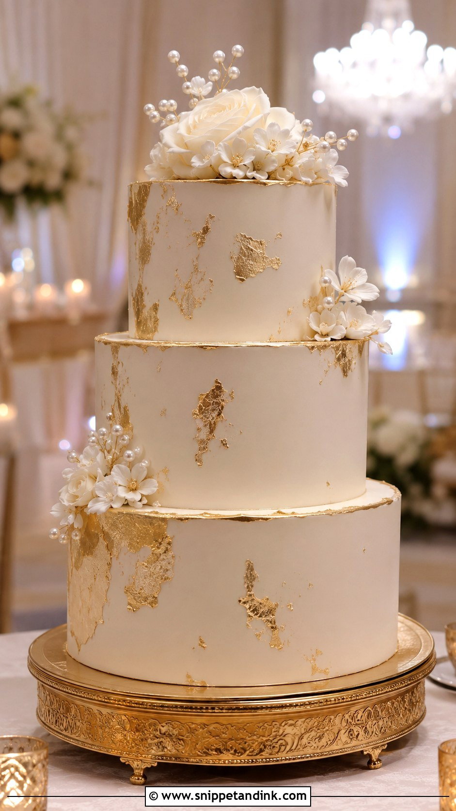 Stacked Wedding Cake With Gold - Snippet and Ink - 20 Stacking Wedding Cakes Ideas