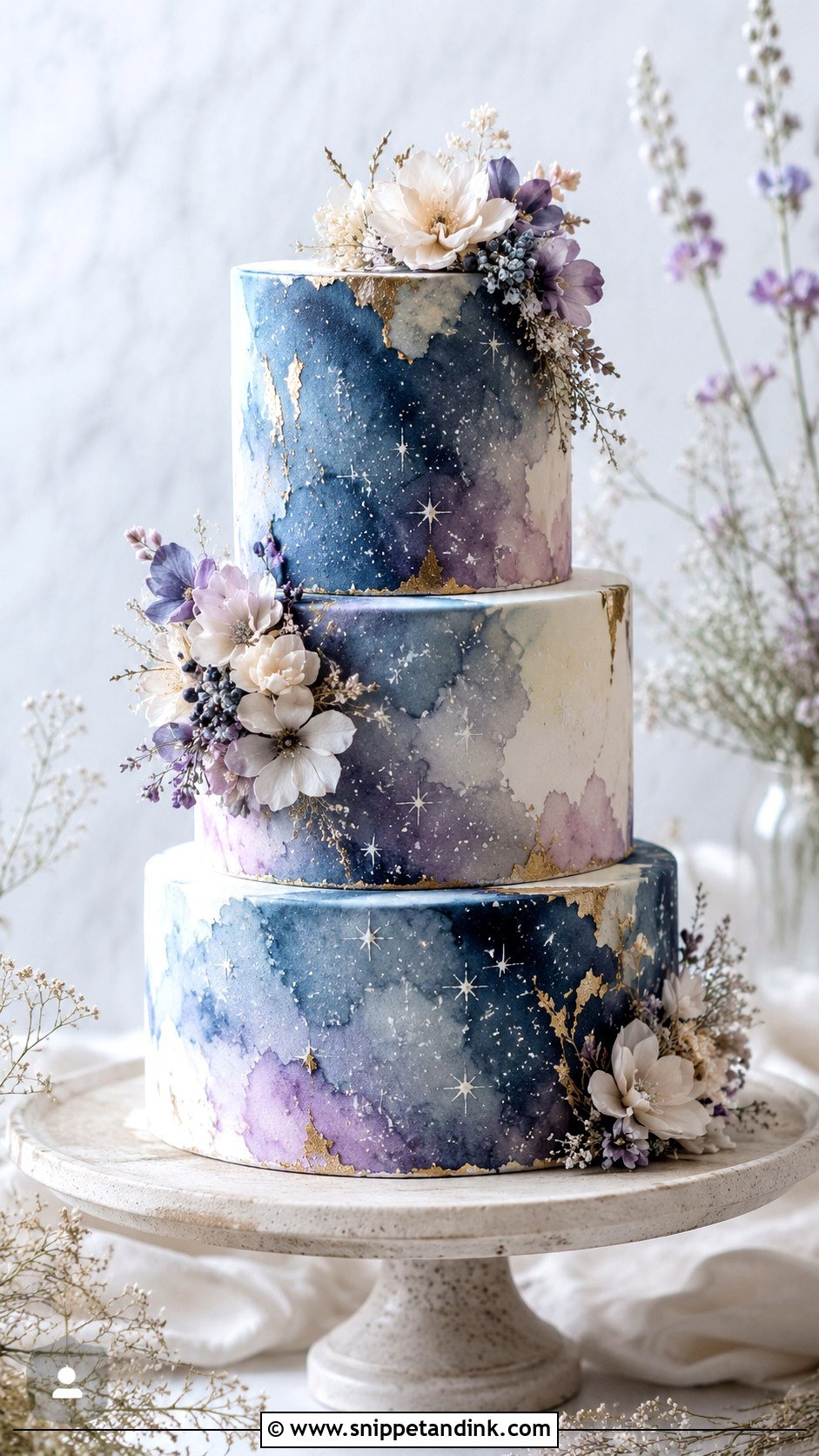 Starry Night Watercolor Wedding Cake - Snippet and Ink - 20 Starry Night Cake Ideas for Wedding