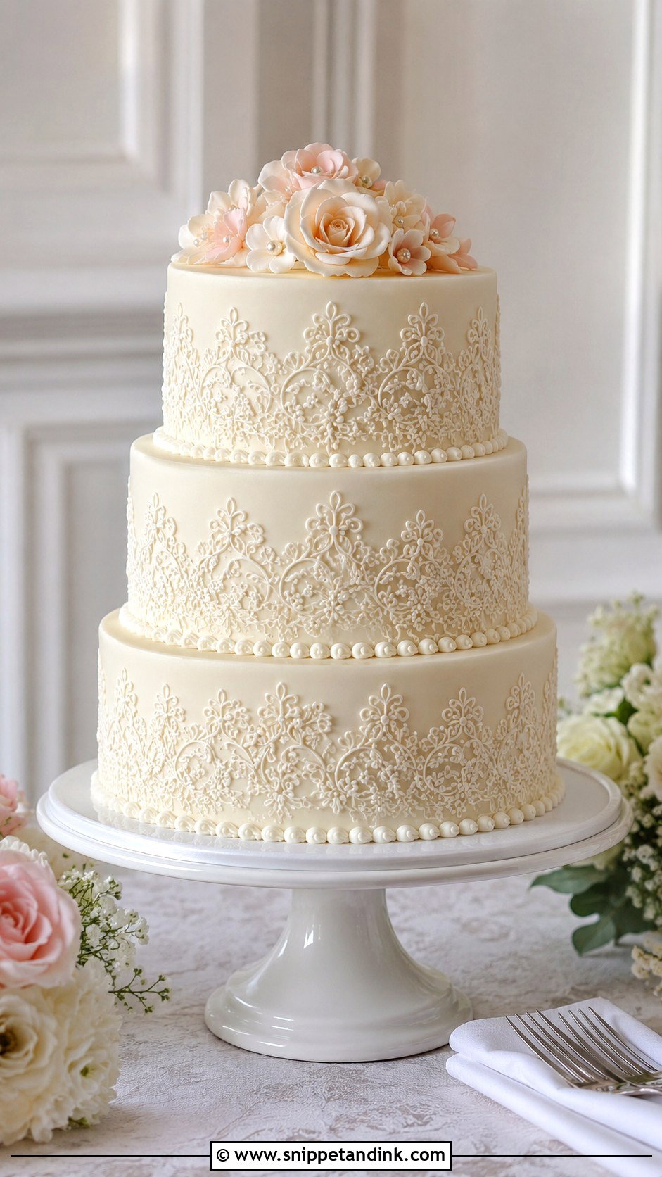 Stenciled Wedding Cake - Snippet and Ink - 20 Wedding Cake Decorating Techniques