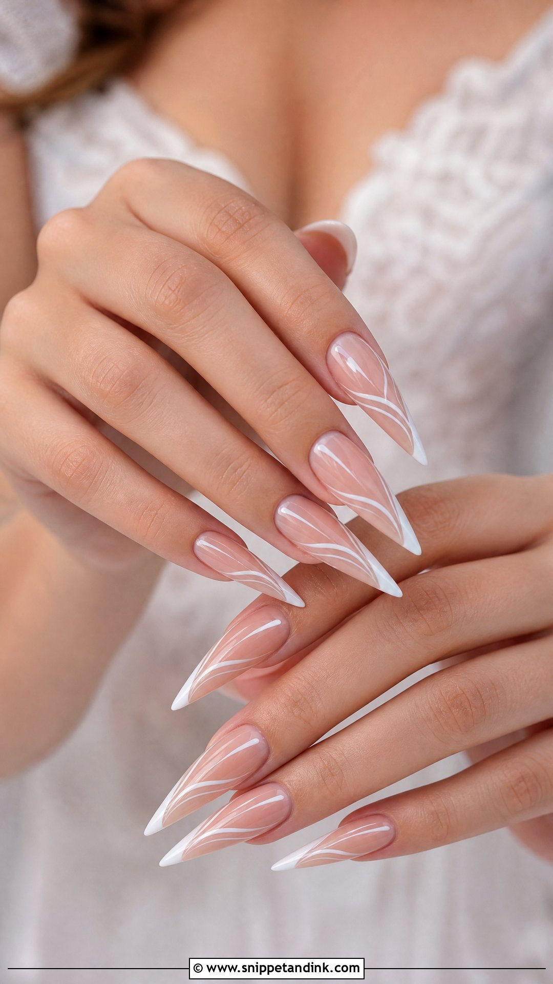 Stiletto Wedding Nails With White Details - Snippet and Ink - 25 Wedding Nails 2025