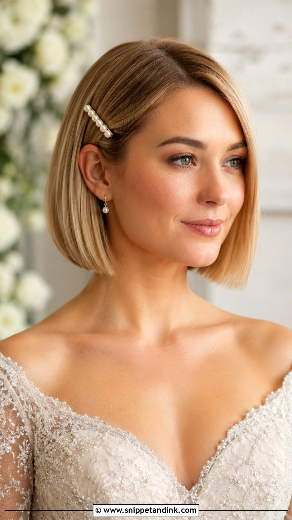 Straight Bob With Pearl Hair Clip - Snippet and Ink - 15 Short Straight Hairstyles for Wedding