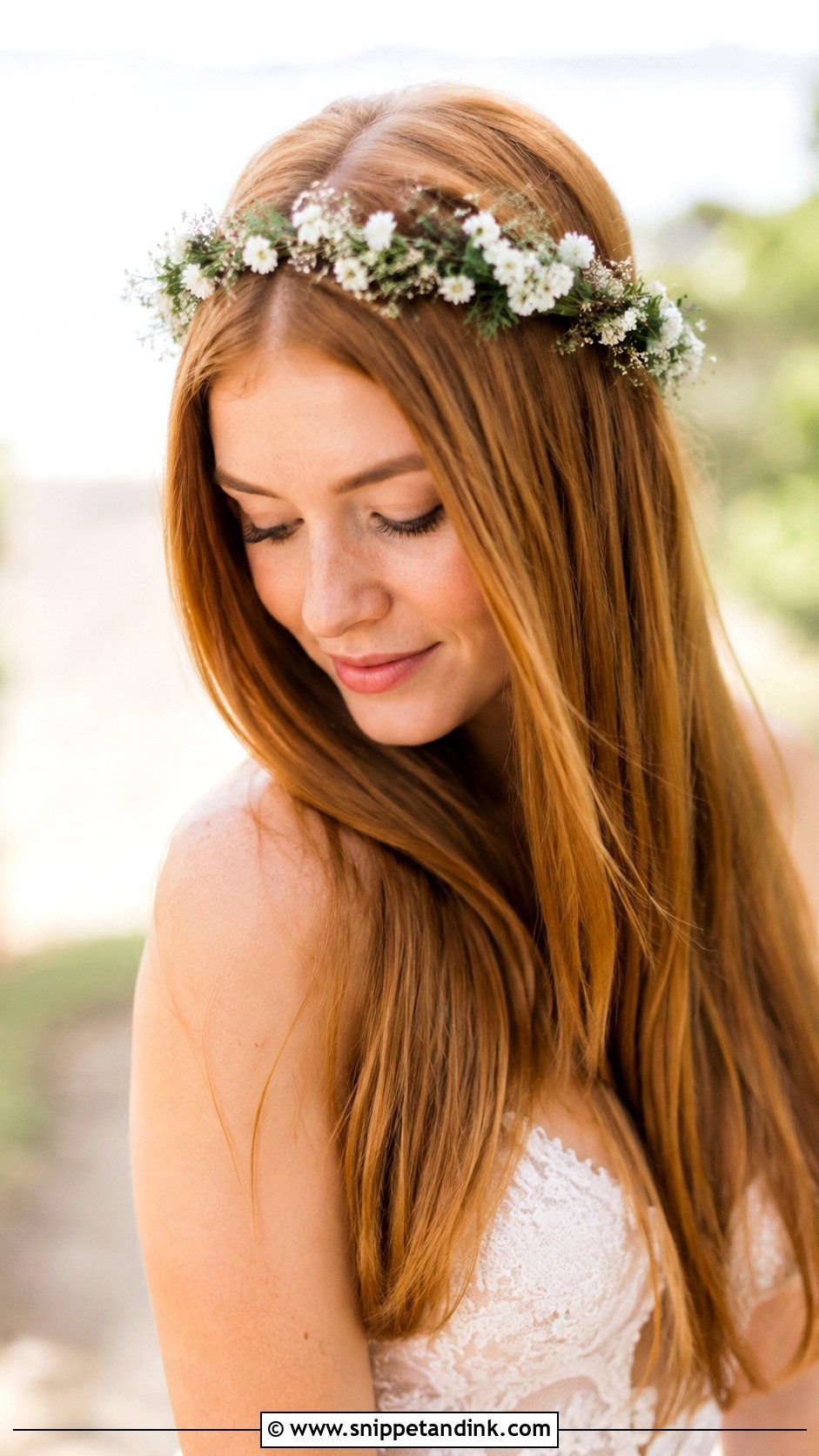 Straight Bridal Hair Down With Flower Crown - Snippet and Ink - 15 Straight Bridal Hair Down Ideas
