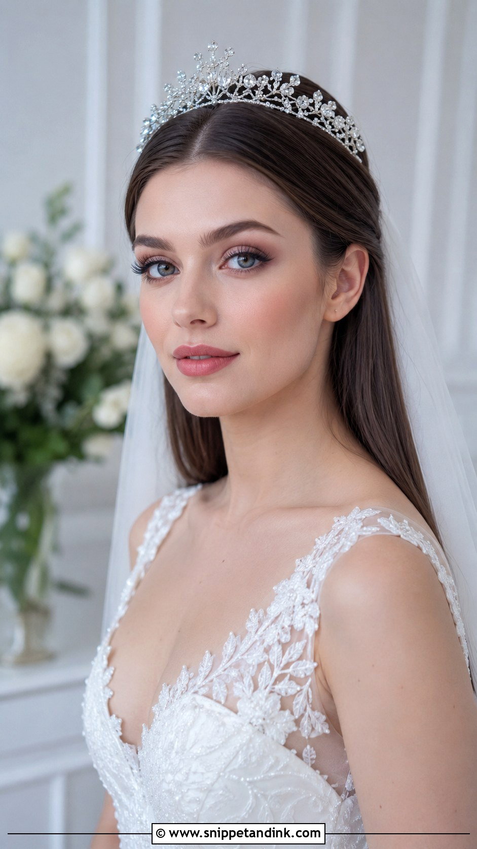 Straight Bridal Hair Down With Tiara - Snippet and Ink - 15 Straight Bridal Hair Down Ideas