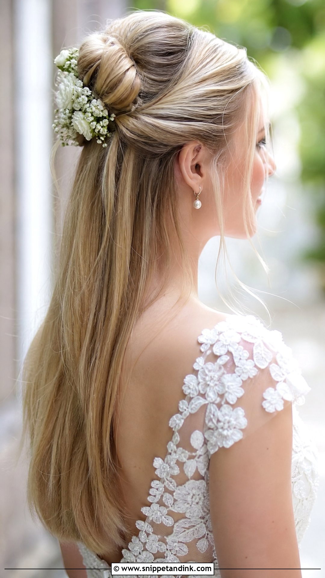 Straight Hair Half Up Bun Bridal Style - Snippet and Ink - 20 Straight Hair Bridal Hairstyles