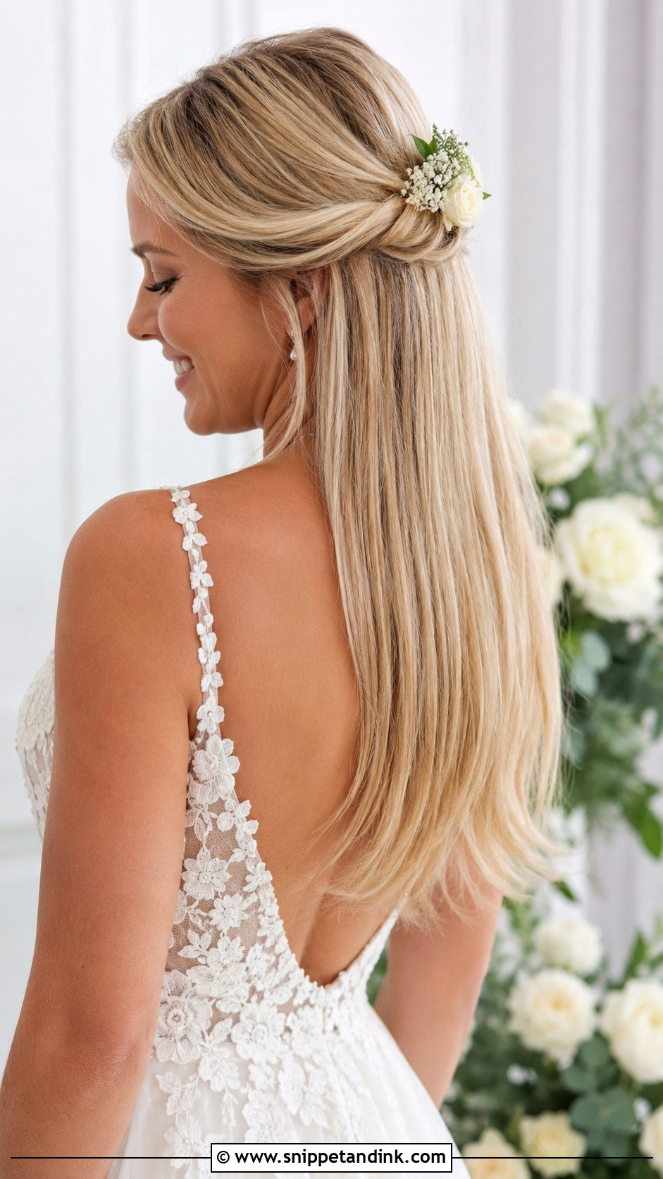 Straight Hair Half Up With Floral Accent - Snippet and Ink - 20 Straight Hair for Wedding Ideas