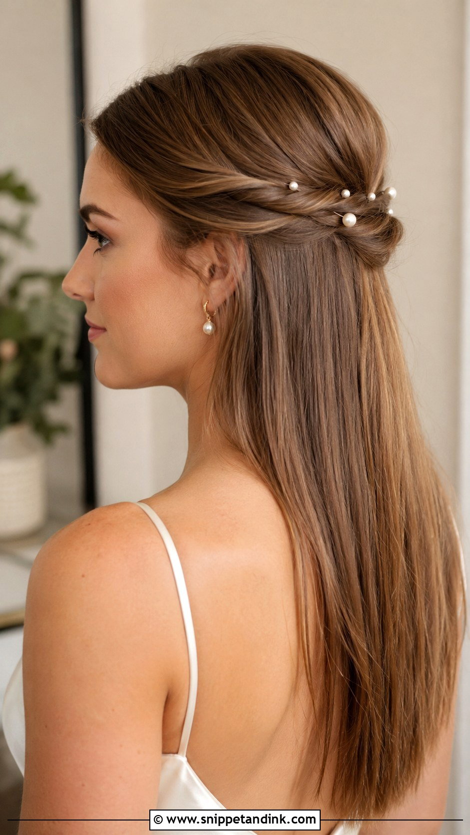 Straight Hair Half Up With Pearl Pins - Snippet and Ink - 20 Straight Hair for Wedding Ideas