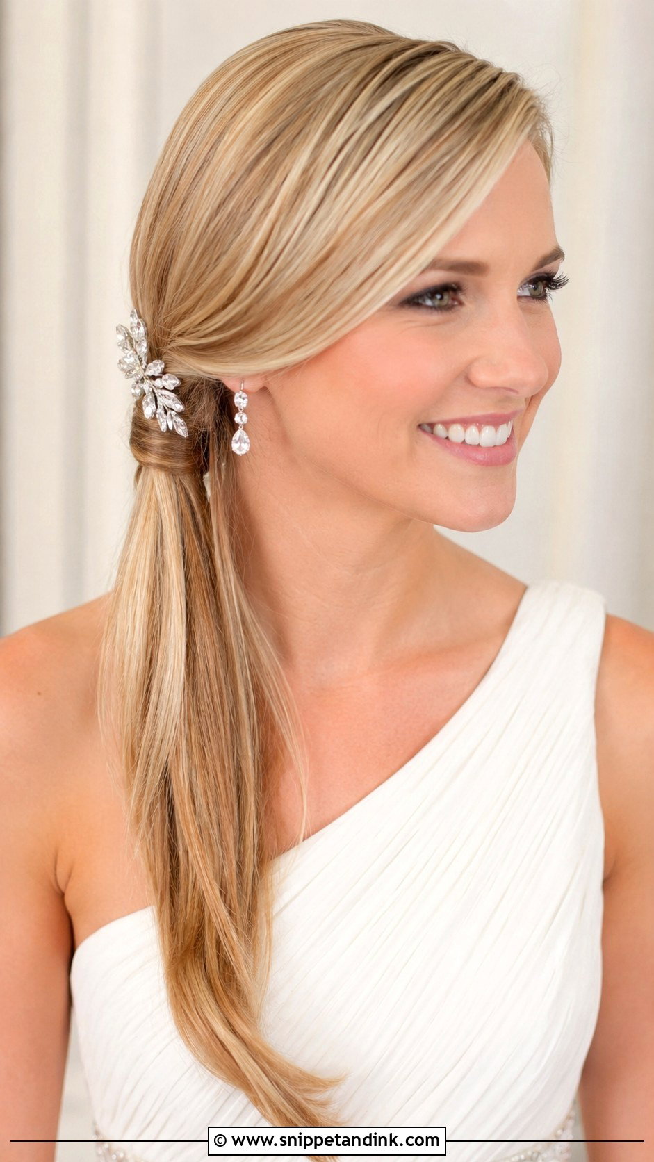Straight Hair Side Swept Over One Shoulder - Snippet and Ink - 25 Straight Bridal Hairstyles