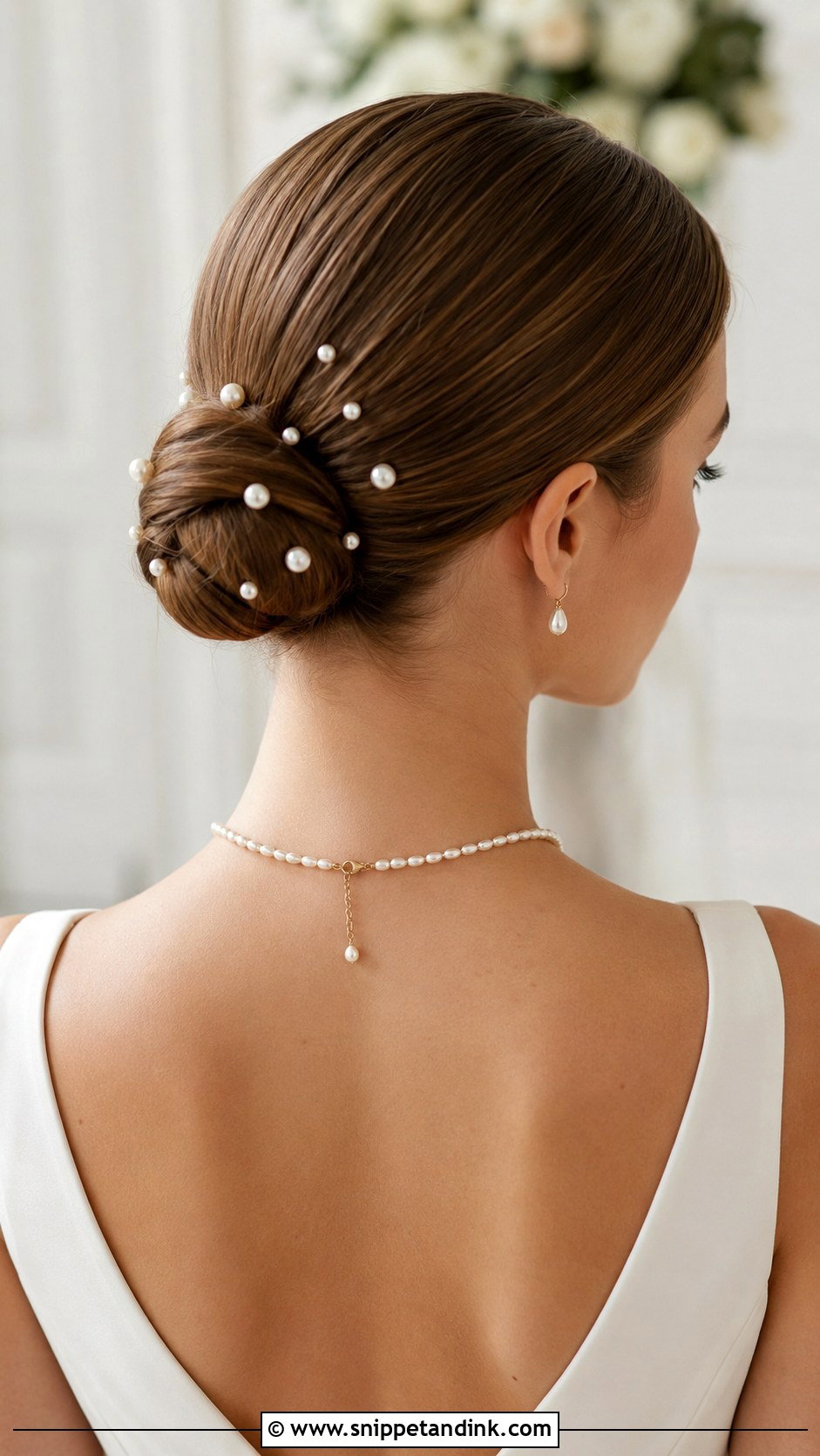Straight Hair Sleek Bun With Pearl Pins - Snippet and Ink - 25 Straight Bridal Hairstyles