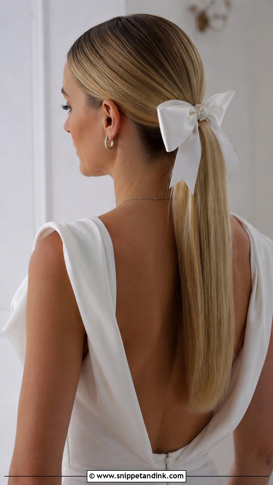 Straight Hair Sleek Ponytail With Bow - Snippet and Ink - 25 Straight Bridal Hairstyles