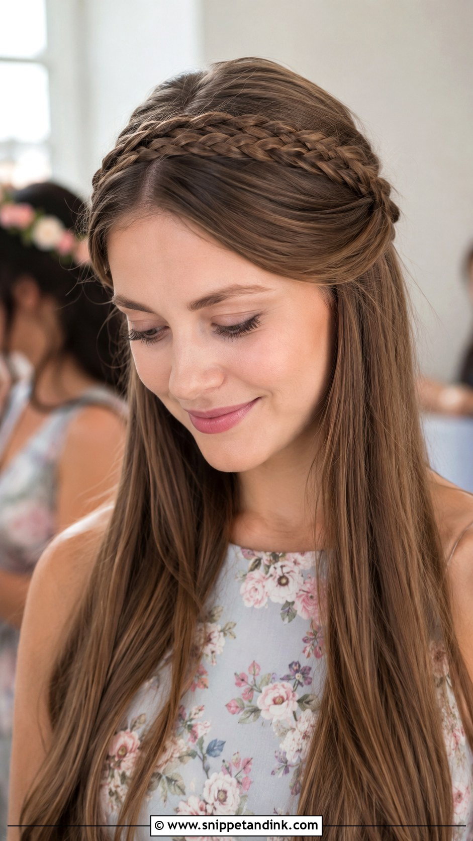 Straight Hair With Braided Crown Bridesmaid Hairstyle - Snippet and Ink - 20 Bridesmaid Straight Hairstyles