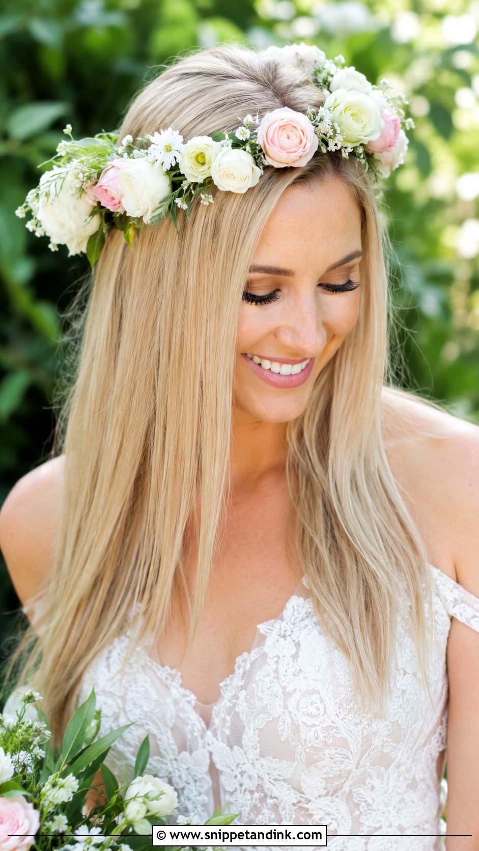Straight Hair With Floral Crown - Snippet and Ink - 25 Long Straight Hairstyles for Wedding
