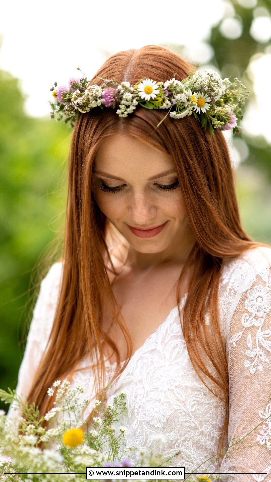 Straight Hair With Floral Crown - Snippet and Ink - 30 Straight Hair Wedding Styles