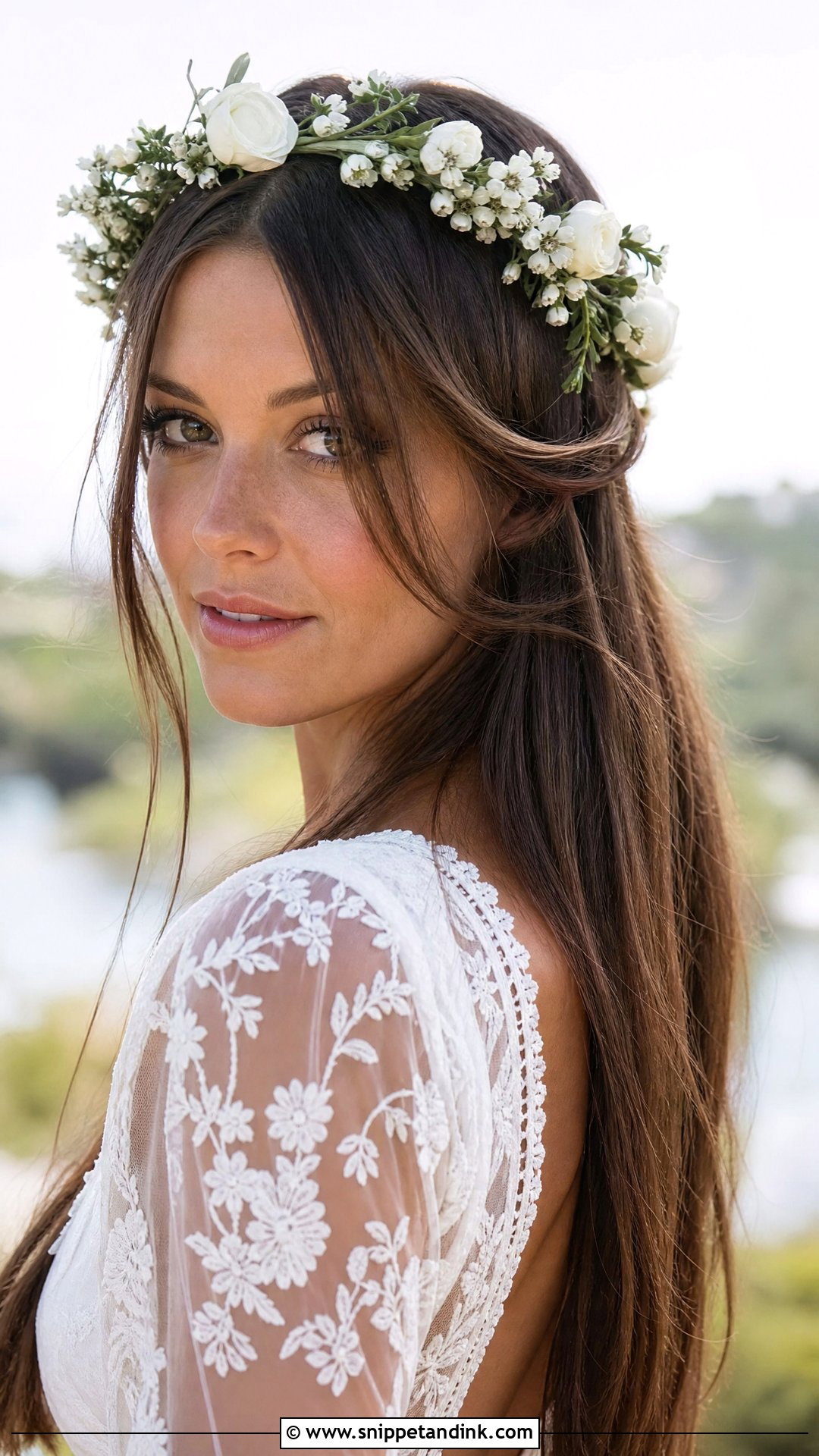 Straight Hair With Floral Crown - Snippet and Ink - 20 Wedding Hairstyle for Straight Hair Ideas