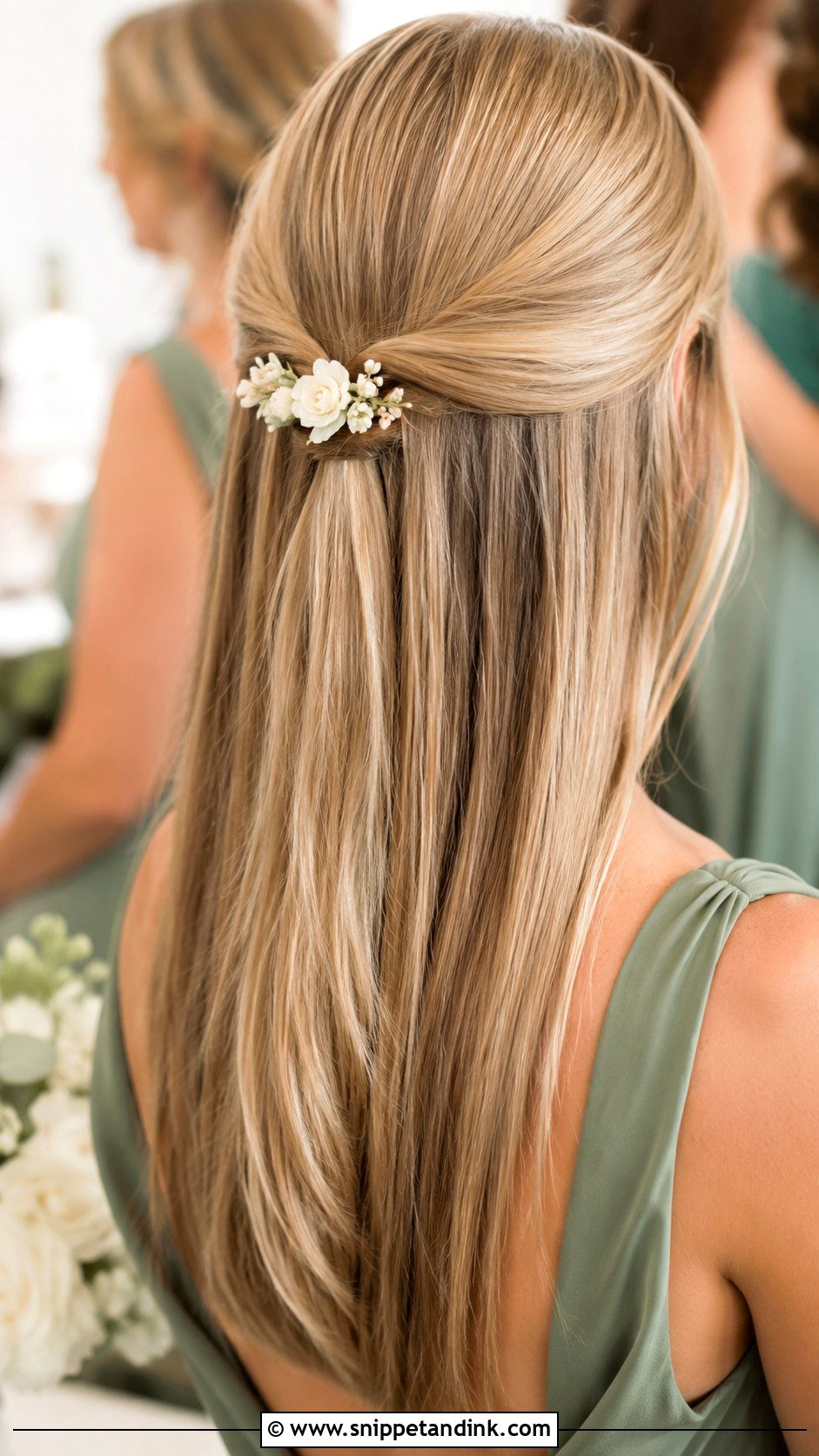Straight Hair With Floral Pin Bridesmaid Hairstyle - Snippet and Ink - 20 Bridesmaid Straight Hairstyles