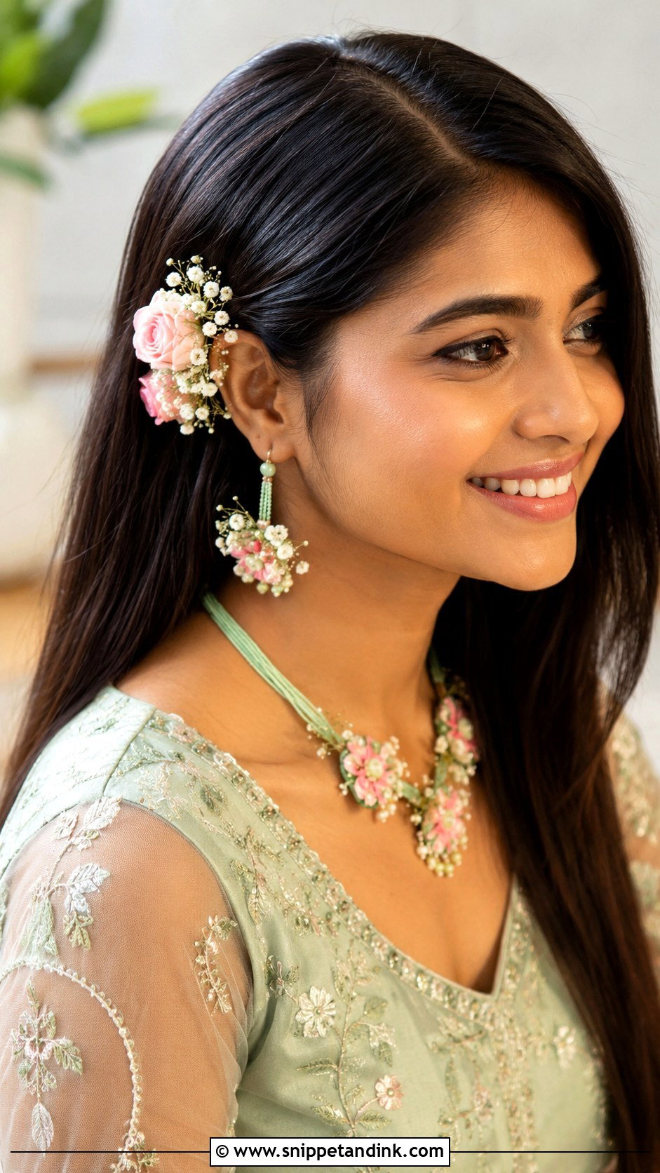 Straight Hair With Floral Pins - Snippet and Ink - 15 Straight Hairstyles for Indian Wedding