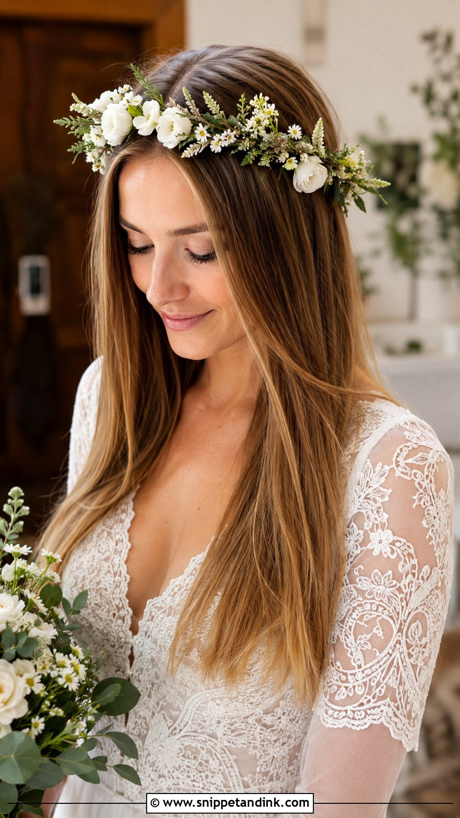 Straight Hair With Flower Crown - Snippet and Ink - 25 Straight Wedding Hair Ideas