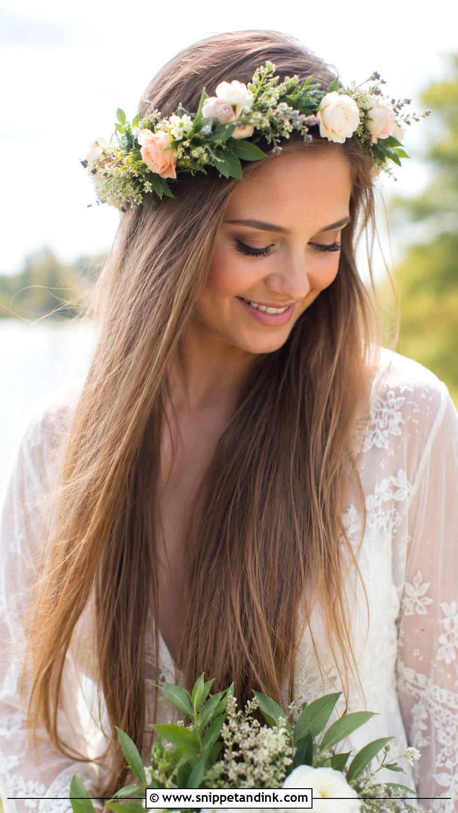 Straight Hair With Flower Crown - Snippet and Ink - 25 Straight Wedding Hairstyles