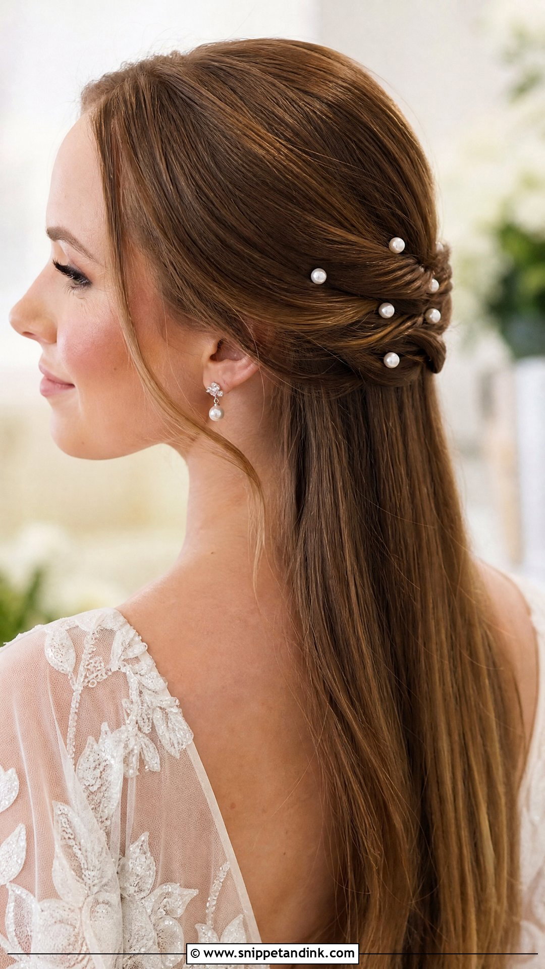 Straight Hair With Pearl Pins Wedding Hairstyle - Snippet and Ink - 20 Wedding Hairstyles with Straight Hair