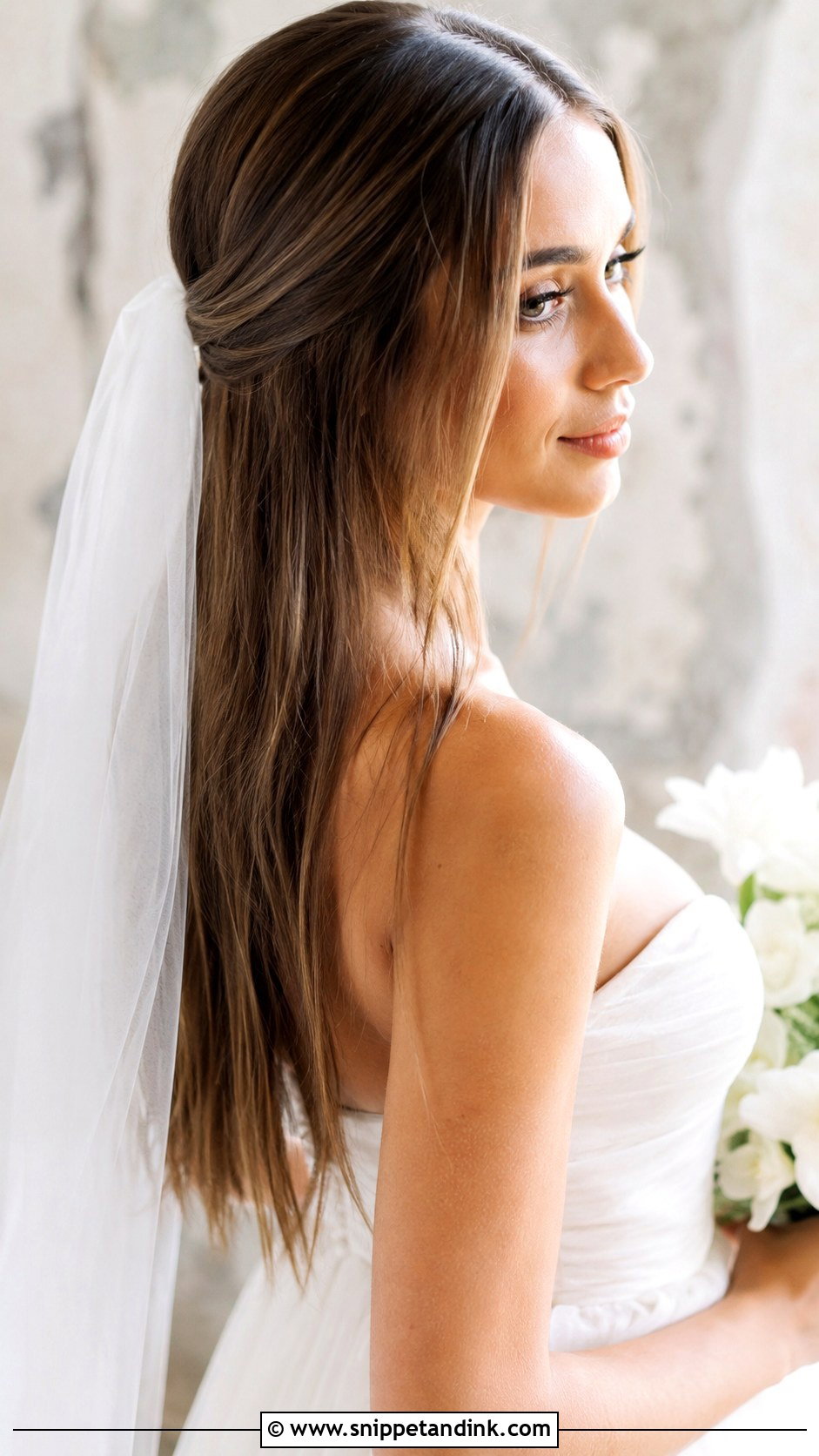 Straight Hair With Tucked Veil and Loose Lengths - Snippet and Ink - 20 Straight Hair for Wedding Ideas