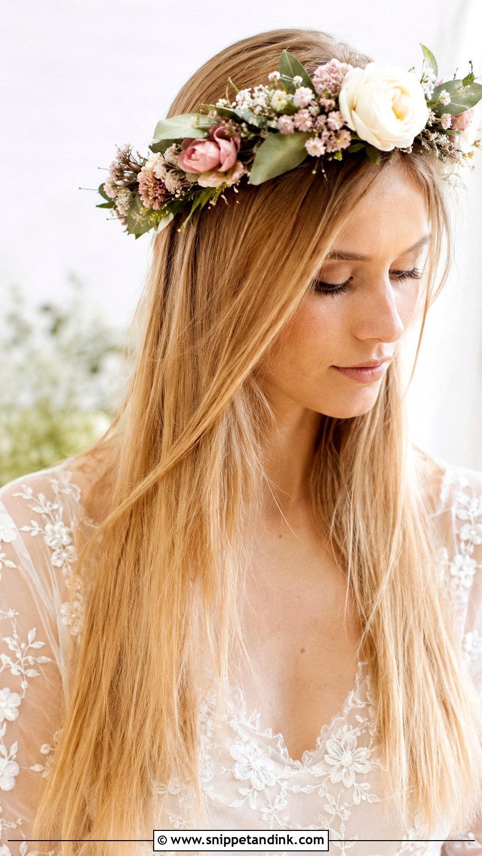 Straight Hair With a Flower Crown - Snippet and Ink - 25 Straight Bridal Hair Ideas