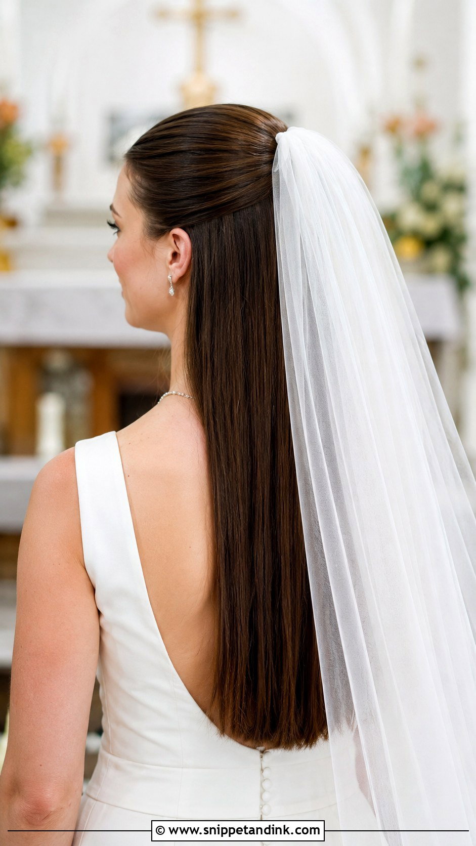 Straight Hair with Veil at the Crown - Snippet and Ink - 25 Cathedral Veil with Hair Down Ideas