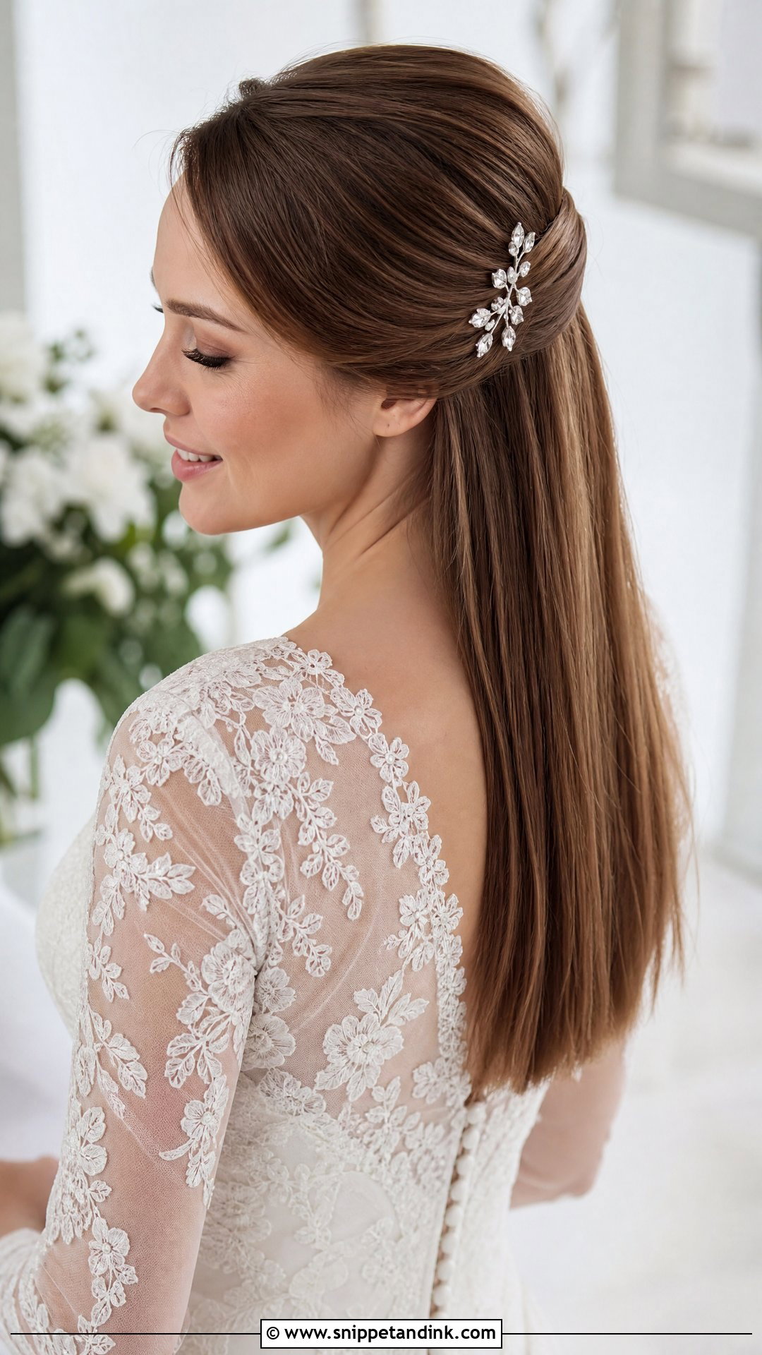 Straight Half Up Half Down Wedding Hairstyle - Snippet and Ink - 20 Straight Hair Bridal Hairstyles