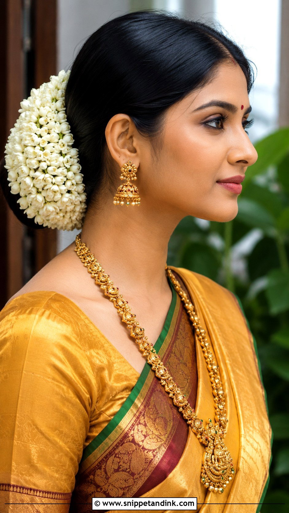Straight Low Bun With Gajra - Snippet and Ink - 15 Straight Hairstyles for Indian Wedding