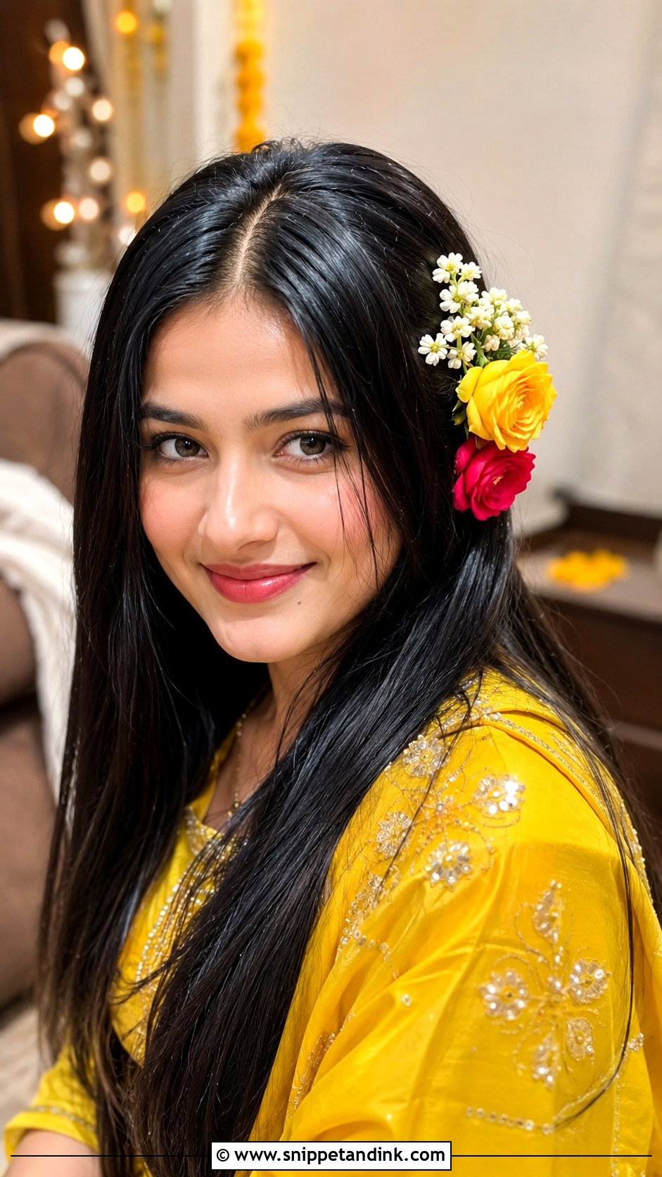 Straight Open Hair With Center Part and Flowers - Snippet and Ink - 30 Straight Open Hairstyles Indian Wedding