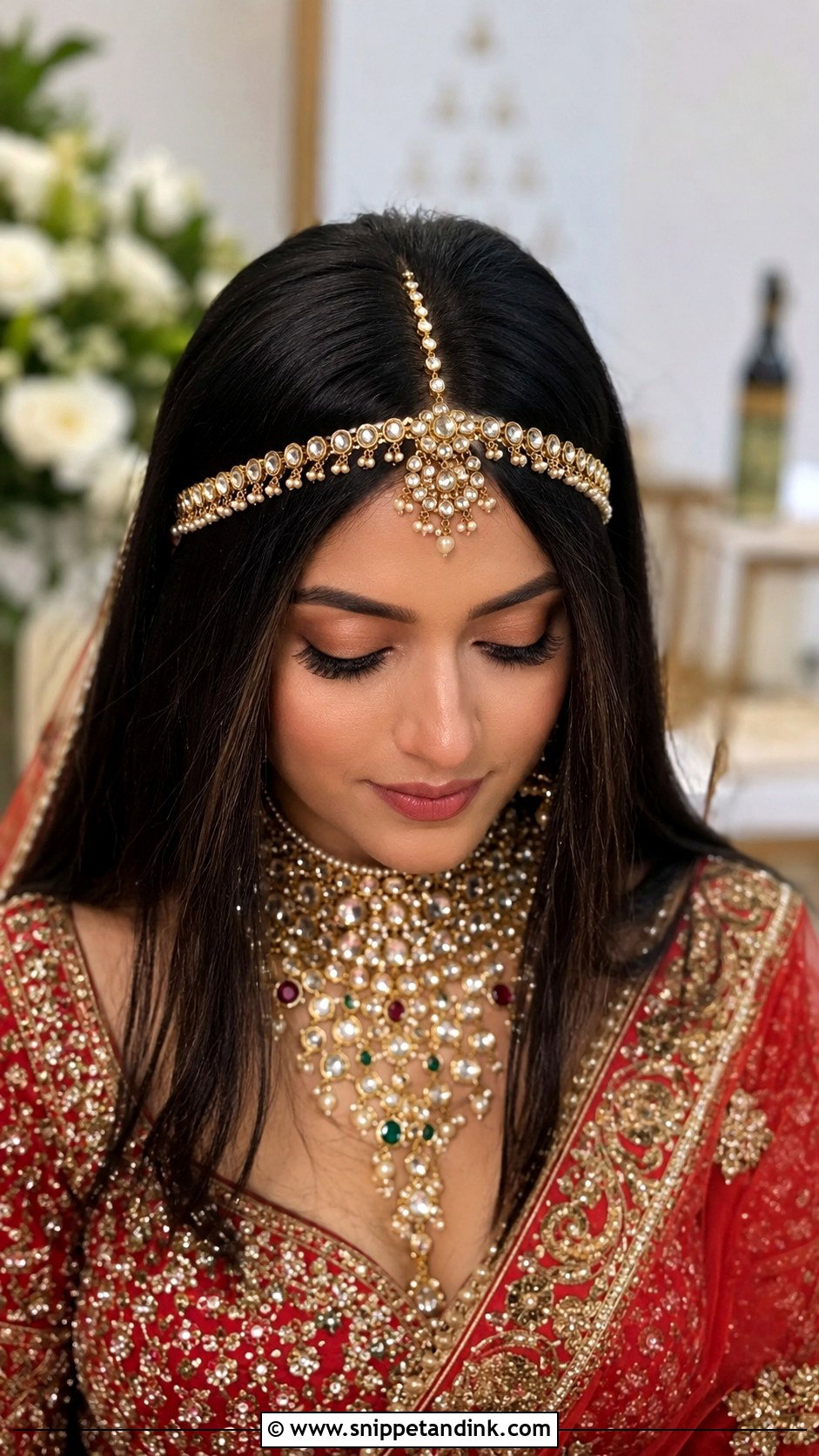 Straight Open Hair With Center Part and Maang Tikka - Snippet and Ink - 30 Straight Open Hairstyles Indian Wedding