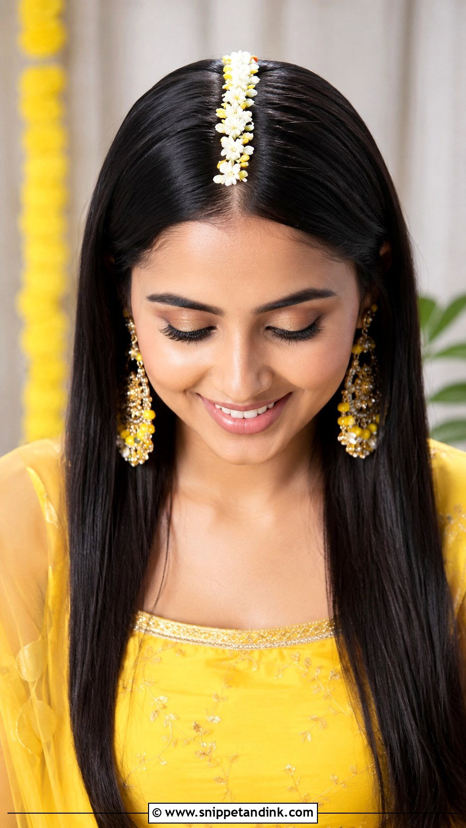 Straight Open Hair With Center Part - Snippet and Ink - 25 Haldi Ceremony Hairstyle for Bride Ideas