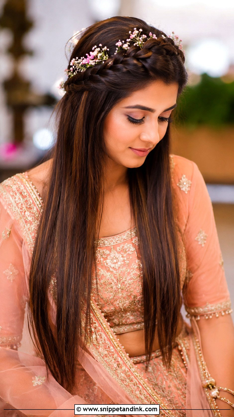 Straight Open Hair With Crown Braid - Snippet and Ink - 30 Straight Open Hairstyles Indian Wedding