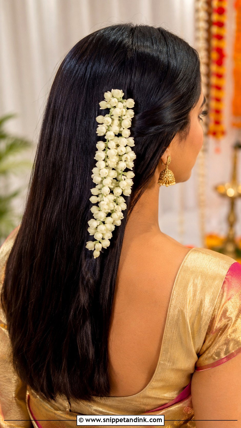 Straight Open Hair With Gajra Accent - Snippet and Ink - 30 Straight Open Hairstyles Indian Wedding