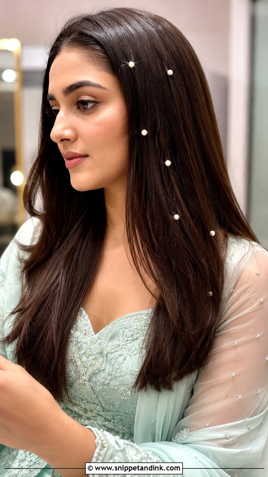 Straight Open Hair With Pearl Accessories - Snippet and Ink - 30 Straight Open Hairstyles Indian Wedding